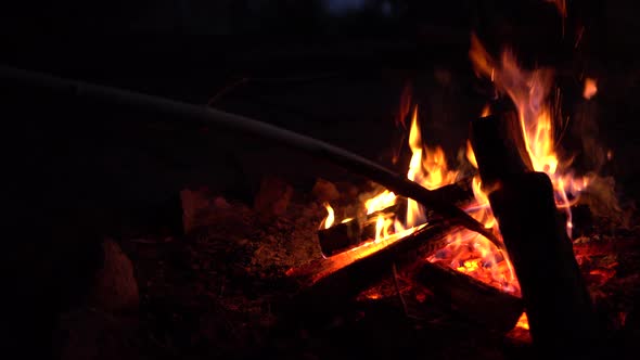 The Man Straightens the Coals in the Fire. The Fire Is Burning in the Middle of the Night Close-up.
