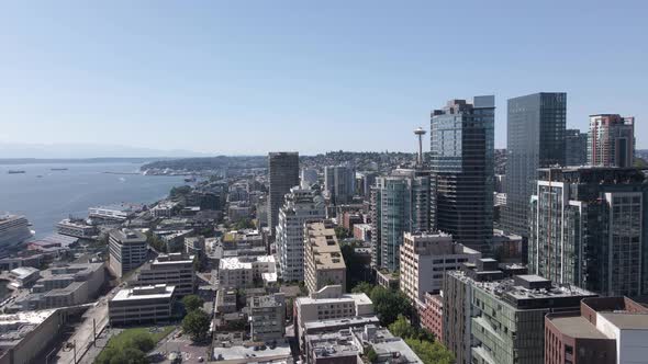 Aerial Flight of Sunny day in downtown Seattle