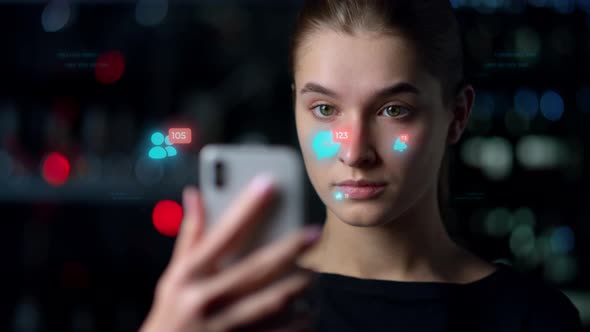 Social Network App Hologram Projecting Feed Recognising Human Biometrics Closeup