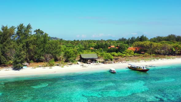 Aerial tourism of exotic resort beach break by shallow sea with clean sandy background of a dayout b