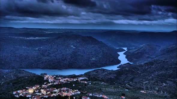 Douro River and Mazouco Village, Portugal. Timelapse