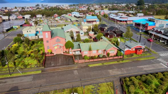 Aerial spin of the church of Hornopiren, Hualaihue, Chile