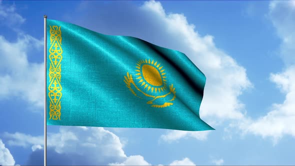 Flag Of Kazakhstan and Summer Blue Cloudy Sky Seamless Loop