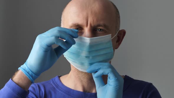 Confident Young Surgeon Doctor in Latex Protective Gloves Wearing Medical Mask on Face