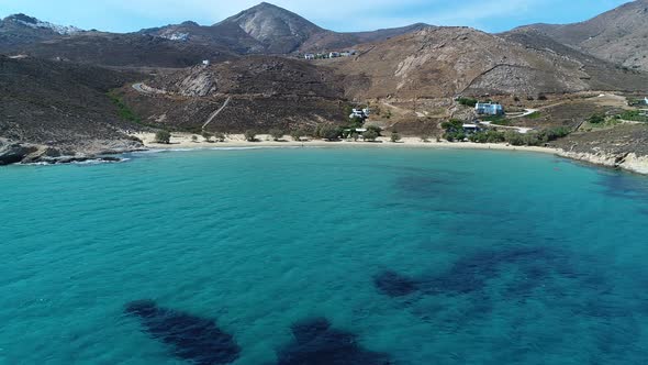 Psili Ammos beach on Serifos island in the Cyclades in Greece seen from the sky