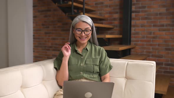 Pleased Senior Woman Has Video Call on the Laptop Sitting on the Couch at Home