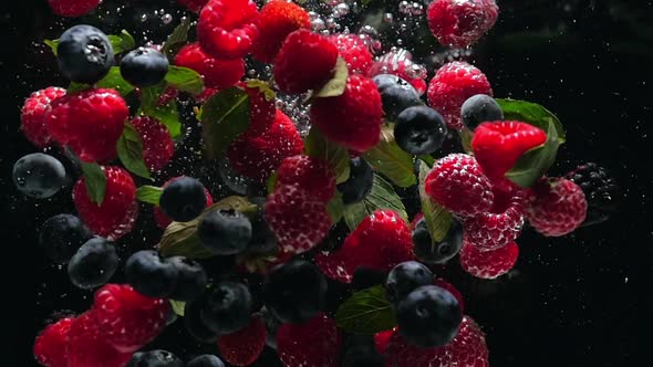 Fresh Raspberries with Blueberries and Fresh Mint Leaves Fall on a Black Background Into the Water