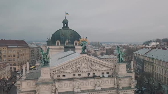 Aerial City Lviv, Ukraine. European City. Popular Areas of the City. Lviv Opera