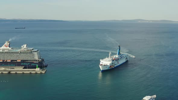 Aerial View of a Cruise Ship Entering the Port