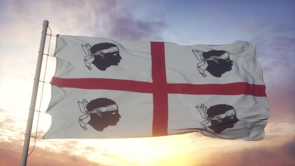 Sardinia Flag Italy Waving in the Wind Sky and Sun Background