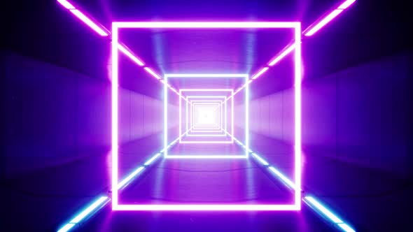 Glowing Neon Color Square Light in the Multiple Fluorescent Lamp Tunnel