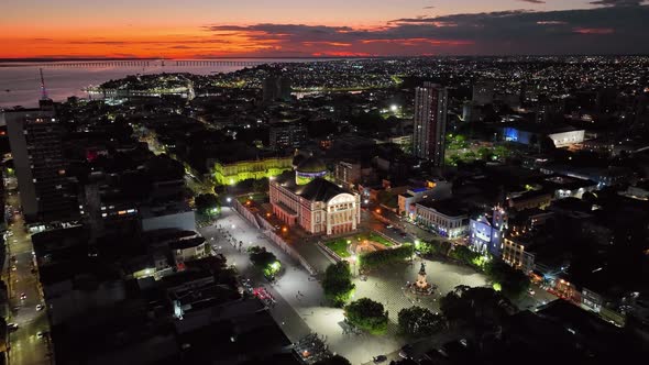 Sunset sky over downtown Manaus Brazil. Cityscape tourism landmark.