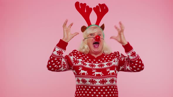 Senior Christmas Grandmother Woman with Deer Antlers Listening Music Dancing Disco Fooling Around