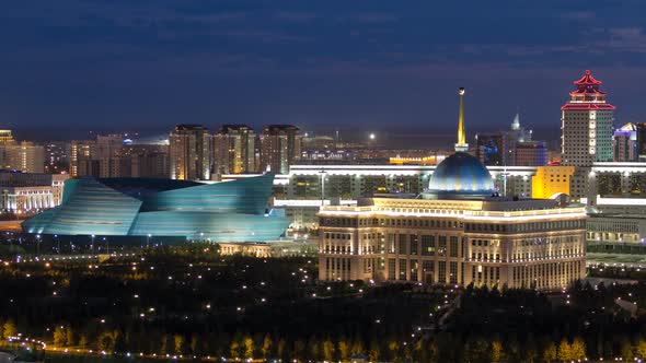 Akorda  Residence President Republic of Kazakhstan and Central Concert Hall at Night Timelapse