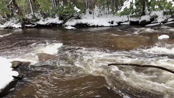 River and stream with swirls with snow on the edge