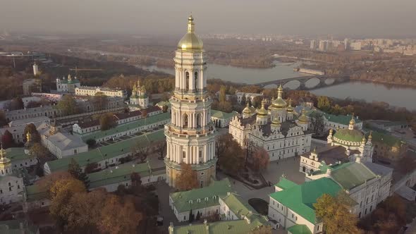 Aerial Kyiv Pechersk Lavra churches and monastery on hills of Dnipro river Ukraine