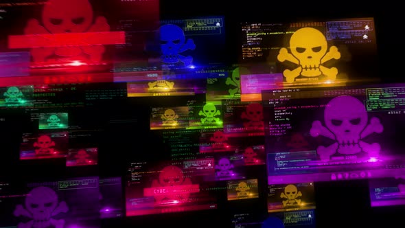 Cyber attack with skull symbol alert on screens