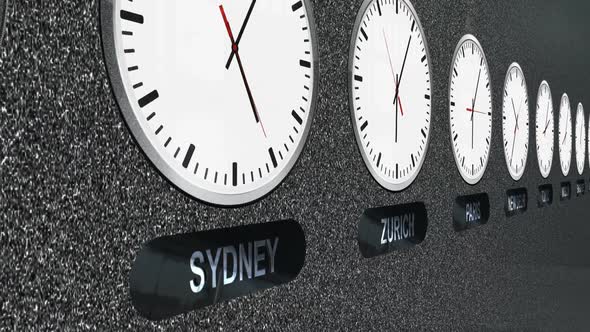 Clocks With Different Time Zones In Time Lapse