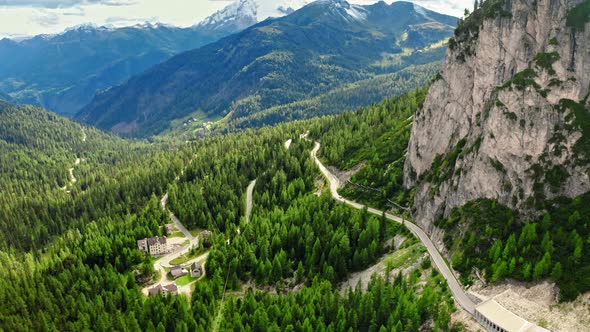 Passo Falazarego near Sass de Stria peak, Dolomites, aerial view