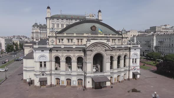 Kyiv. Ukraine: National Opera of Ukraine. Aerial View, Slow Motion, Flat, Gray