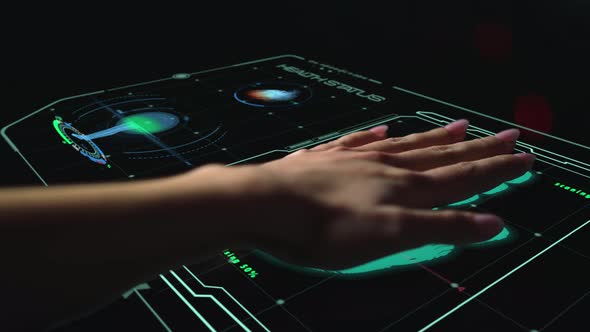 Futuristic Medical Biometrical Scanner Analysing Hand Check Health Level Closeup