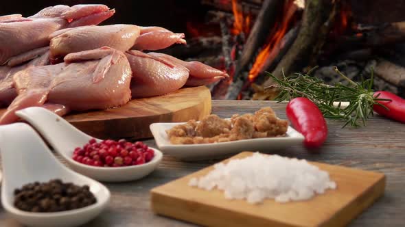 Panorama of the Ingredients for Preparations of Quails on the Background of Fire