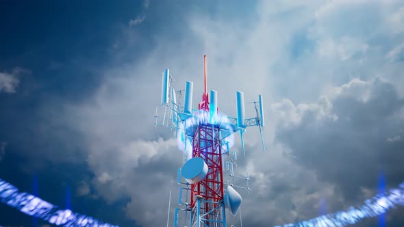 Cell phone tower emits 5G signals. The antenna transmits electromagnetic waves.