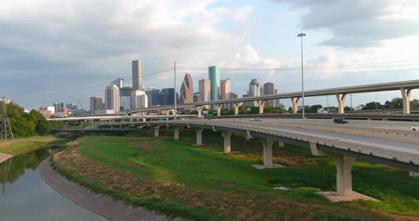 High angle establishing drone shot of downtown Houston. This video was filmed in 4k for best image q