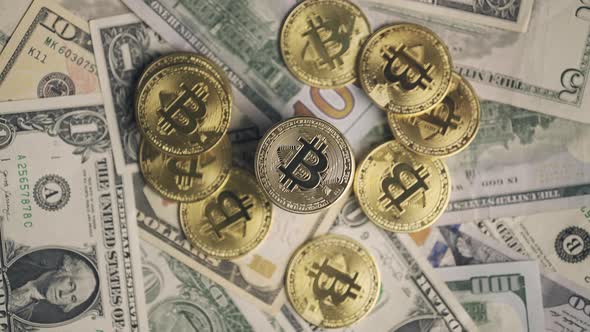 Golden Bitcoin Coins are Rotating on a Dollar Banknotes Background