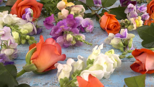 Colorful summer garden flowers: dragon flowers, roses, sweet pea on the vintage wooden