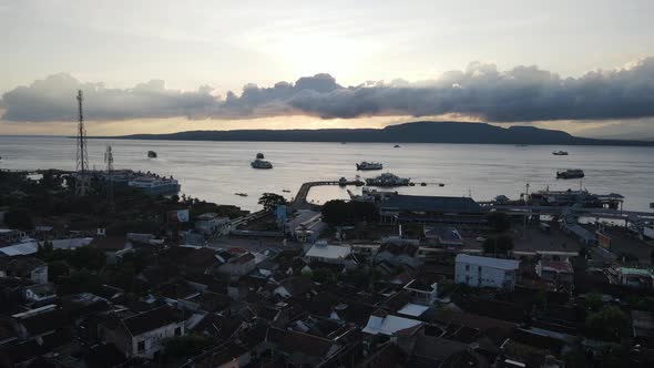 Aerial view of Ferry boat crossing the Ketapang port. From Banyuwangi to Gilimanuk Bali Indonesia.