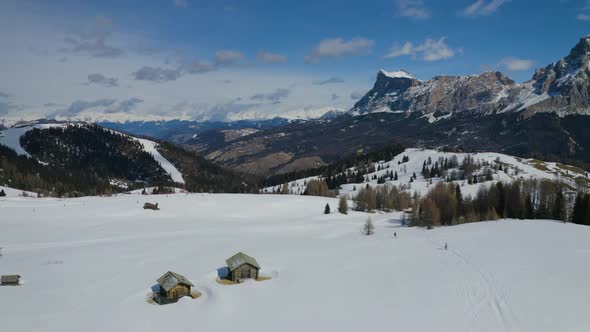 Aerial, Winter Landscape In Dolomites Mountains On A Sunny Day In Italy