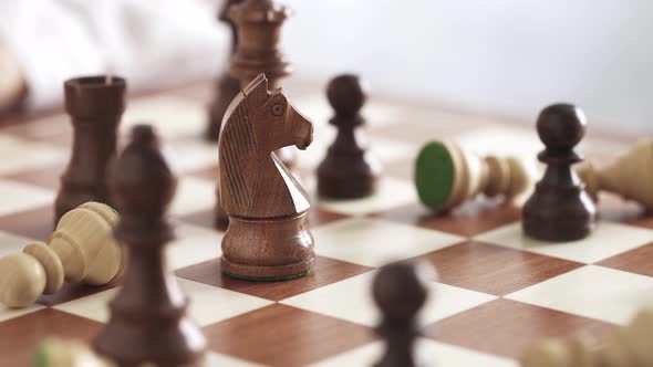 Female Hand Moves Black Knight. Wooden Chess Carved On A Chessboard During A Chess Match