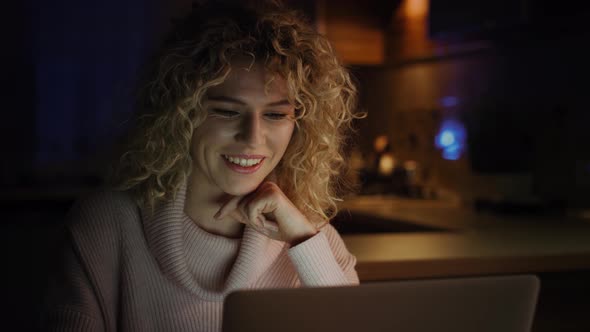 Video of woman during video conference to late at home. Shot with RED helium camera in 8K.