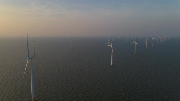 Windmills for Electric Power Production Netherlands Flevoland Wind Turbines Farm in Sea Windmill