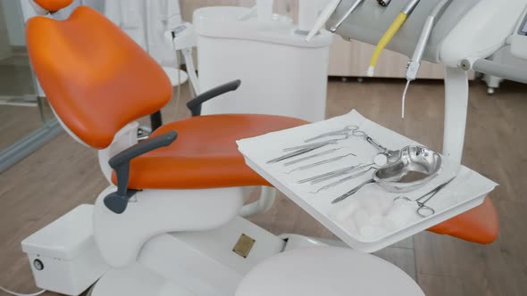 Close Up Revealing Shot of Medical Dental Tools Ready for Stomatology Teeth Surgery