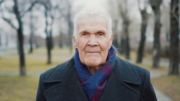 Portrait of grey-haired senior man looking at camera. 90 years old person.	