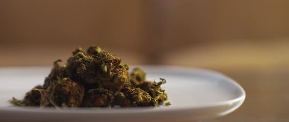 Plate with cannabis buds being moved on a table,close up,shallow depth of field