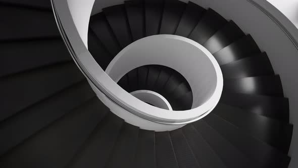 Modern, contemporary dark spiral staircase. Camera slowly rotates. 4KHD