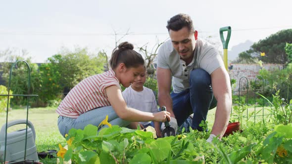 Happy caucasian father, daughter and son gardening together, giving high five