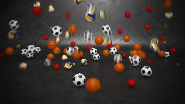 Mini different kind of balls bouncing invasion in dark gray environment. HD