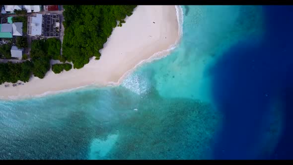 Aerial nature of tranquil sea view beach trip by aqua blue sea and white sandy background of journey