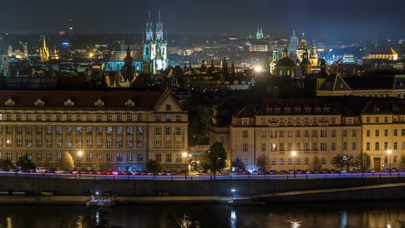 Night Panorama of Prague with Vltava River Timelapse