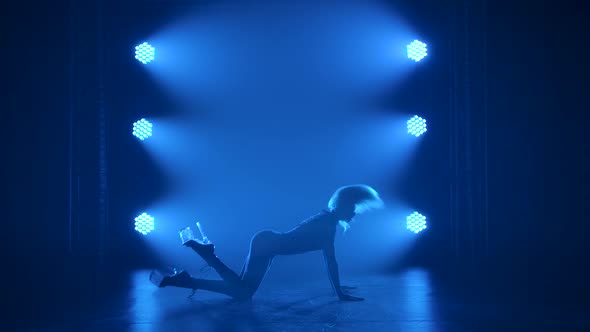 Sexy Woman in Black Leggings Stretching at Dance Lesson, Strip Plastic, Hobby. Silhouette of Sensual