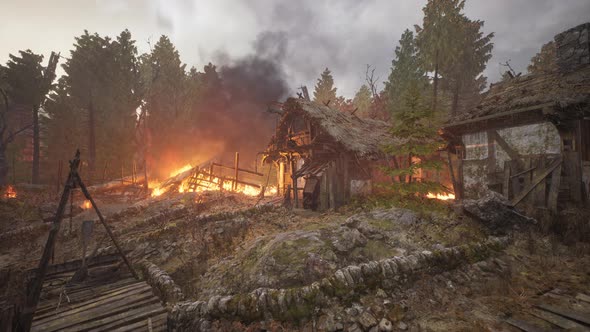 Burning Wooden House in Old Village