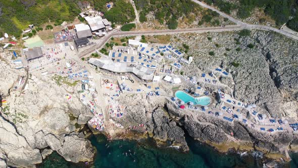 Overhead Aerial View of Lighthouse Beach From Drone in Anacapri Italy in Summer Season