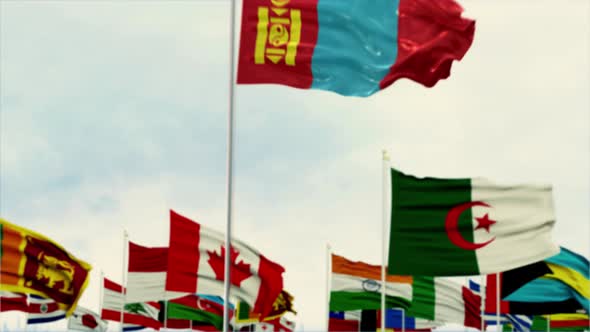 Mongolia Flag With World Globe Flags Morning Shot