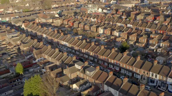 Terraced Working Class Housing in Luton Aerial View at Sunset