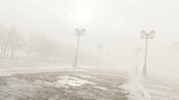 Vintage cobblestone street with classic lanterns and cold, snowy weather. 4KHD