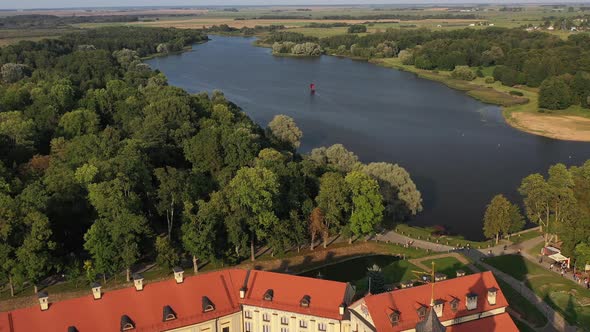 Flying Over the Nesvizh Castle, the Park Around the Castle and the Lake, Aerial Video of Nesvizh